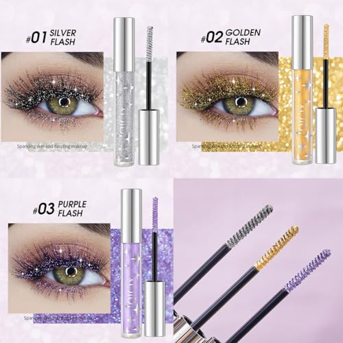 Baorder 3PCS Glitter Mascara for Eyelashes,Waterproof Long Lasting Silver Gold Purple Color Diamond Sparkly Mascara, Lengt...