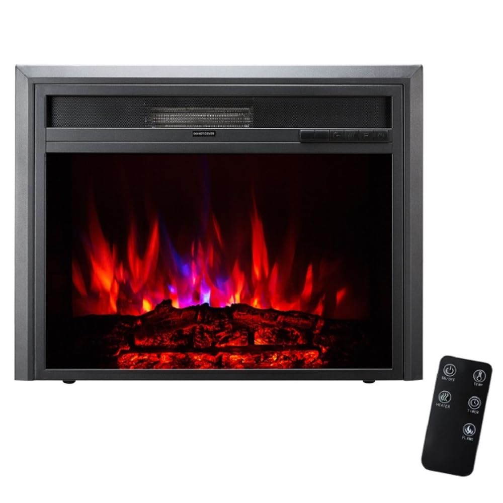 XBrand 28 Inch Insert Electric Fireplace Heater with Remote Control, LED Rolling Flame Effect, and Temperature Limiting Control, Glass and Steel Indoor, Black