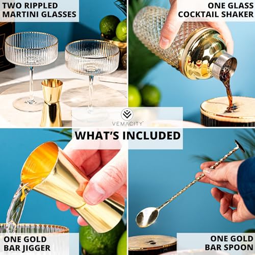 VEMACITY - Luxury Gold Cocktail Shaker Set - 15oz Glass Shaker with Strainer + 2 Gold-Rim Ribbed Martini Glasses (10oz) & ...