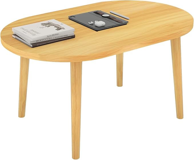 Funecy Coffee Table Low Table with Solid Wood Sturdy Legs, Floor Table Desk for Sitting on The Floor, Storage and Living Room Furniture (Natural-Oval)