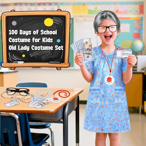 Old Lady Costume for Kids Girls, 100 Days of School Costume for Girls 100th Day of School, Granny Grandma Dress Up Nightgo...