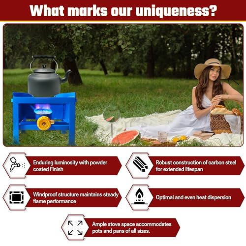 Sonret Single Burner Propane Stove - with Hose & Adjustable 0-20 Psi Regulator - High BTU Propane Burner - Square Portable...