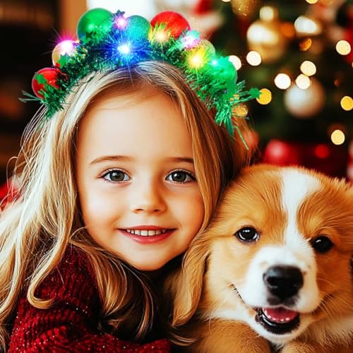 CAKURE LED Christmas Headband Green Light Up Christmas Ball Headbands Xmas Hair Hoop Holiday Party Costume Headwear Hair A...