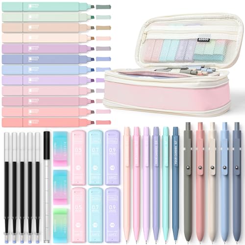 Four Candies 39 PCS Aesthetic School Supplies with Cute Pen Case, 12 Pastel Highlighters, 5 Black Ink Gel Pens, 6 Mechanic...