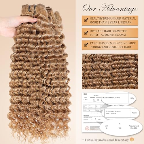 inlovwith Honey Blonde Deep Wave Human Hair Bundles, Selected Healthy Deep Curly Bundles Human Hair 27# Colored Brazilian Virgin Hair Wet and Wavy (Single Bundle, 30 Inches)