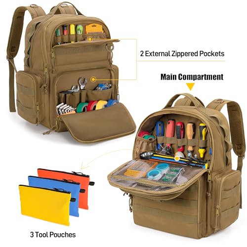 Rexmica Tool Bag Backpack for Men with 3 Tool Pouches, Heavy-Duty Tool Storage Organizer Bag with Padded Shoulder & Waist ...
