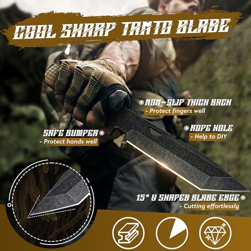 Dragon Creek Tactical Knife Kydex - Outdoor Survival Knife with Sheath D2 Steel Blade G10 Full Tang Handle for Camping Hik...