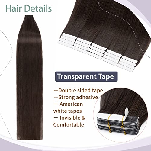 S-noilite 20Pcs 60g Remy Tape in Hair Extensions Human Hair Seamless Skin Weft Invisible Double Sided Glue in hair for women Silky Straight 24 Inch #02 Dark Brown Color