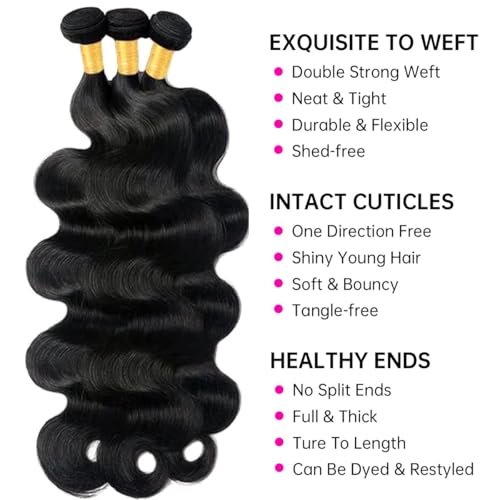 12A Body Wave Bundles Human Hair 20 22 24 inch Brazilian Virgin Hair Bundles 100% Unprocessed Human Hair Body Wave Weft Extensions Quick Weave Hair Natural Black