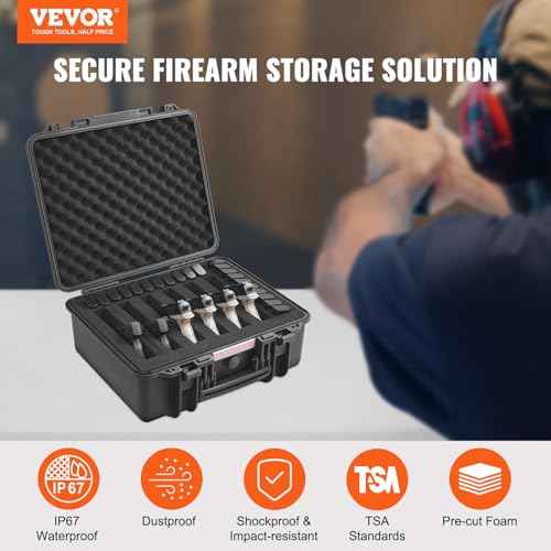 VEVOR Hard Pistol Cases with Customized PU Foam, Waterproof & Dustproof Hard Gun Case for 6 Pistol & 21 Magazine, 19.3¡¿17.1¡¿8.3 in Lockable Pistol Case, Black
