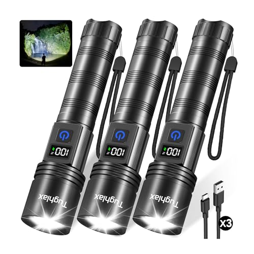 3Pack Rechargeable Flashlights High Lumens 9900LX, Super Bright Flashlight with LCD Digital Display, 5Modes Adjustable LED...