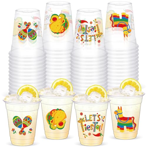 Yaomiao 50 Pcs Fiesta Cups Plastic Mexican Cups Bulk Disposable Margarita Glasses 12 oz Cinco De Mayo Fiesta Drinkware for...