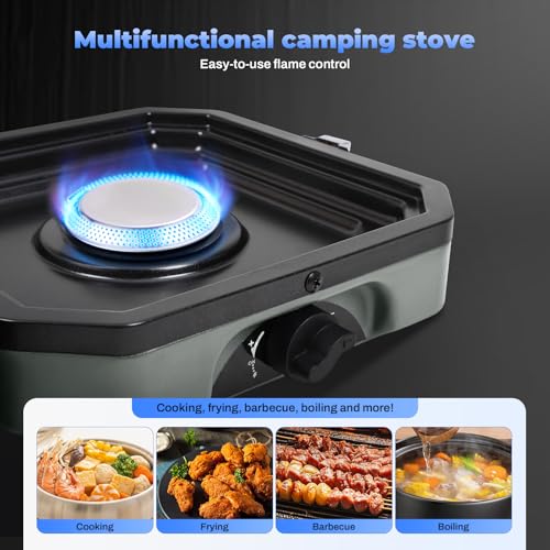 2-Burner Foldable Camping Stove with Griddle and Carrying Bag，16000 BTU Portable Propane Camp Stove with 2 Adjustable Burn...