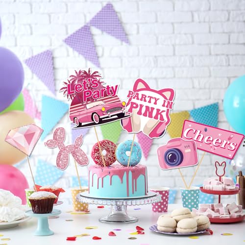 30Pcs Pink Girl Birthday Photo Booth Props with Sticks,Hot Pink Girls Birthday Party Decoration Supplies for Girls Women D...