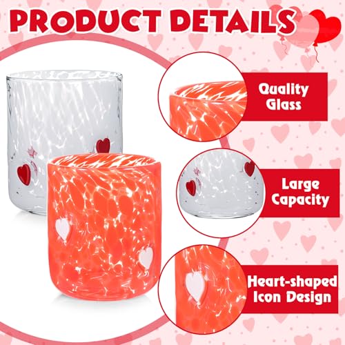 GVKGVK 2 Pcs Valentines Day Icon Juice Glasses, 14 oz Heart Themed Cute Glass Cups, Handblown Stemless Anthropology Glass ...