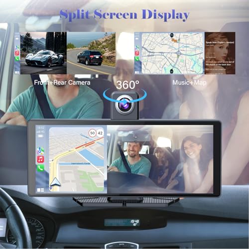 10.26" Wireless Portable Carplay Screen CarPlay & Android Auto Car Stereo 360 Rotation 4K Dash Cam 1080p Rear Camera Mirro...