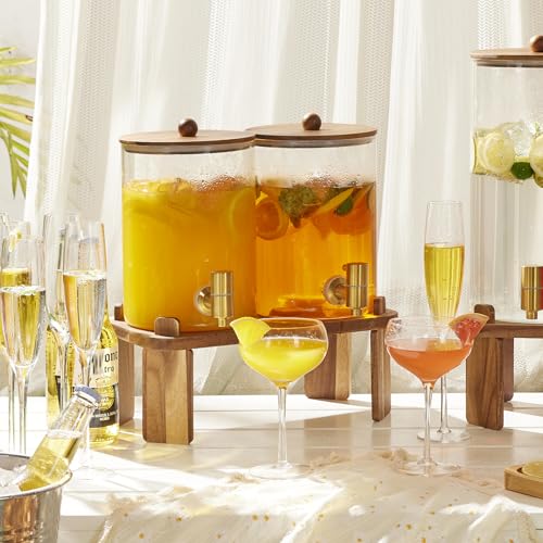 2 PCS 1 Gallon Drink dispenser, Glass Beverage Dispenser With Wood Stand, Large Water Drink Dispensers for Parties With St...