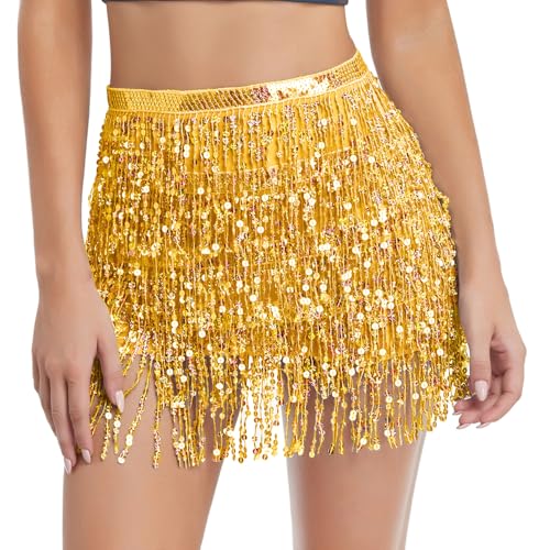 Women's Sequin Tassel Skirts Rave Fringe Hip Scarf for Festival