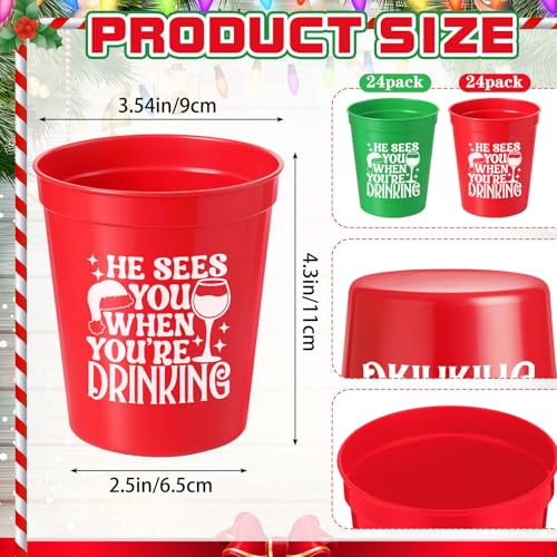 48 Pack Christmas Plastic Cups Bulk 16 oz Red and Green Reusable Stadium Cups He Sees You When You're Drinking Bar Winegla...