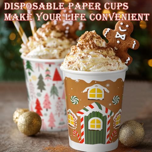 Gerrii 150 Pcs 9 oz Christmas Disposable Paper Cups Hot Chocolate Cocoa Paper Cups Winter Drink Cup 5 Designs Merry Christ...