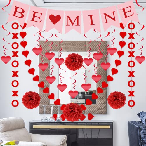 21Pcs Valentines Day Decorations Valentines Day Decor Pre-Assembled Hanging Heart Swirls BE Mine Love Heart XO Garlands Ba...