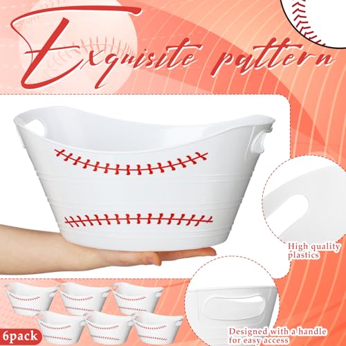 Teenyyou 6 Pcs White Baseball Plastic Ice Bucket Drink Cooler Bulk 4.5l Oval Storage Basket Tub with Handles for Summer Sp...
