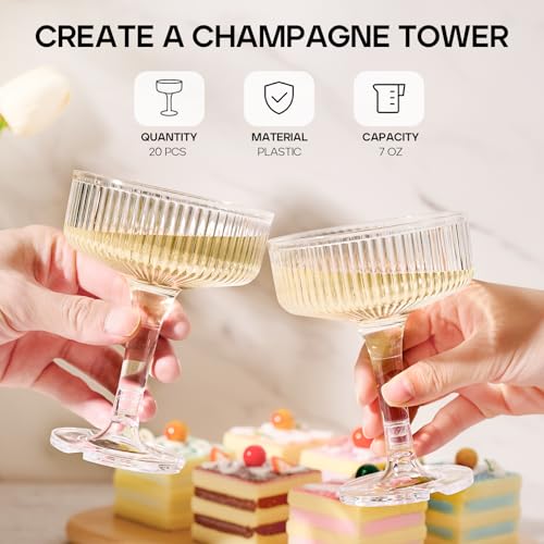 DORONAN 20 Pack Plastic Champagne Tower, 7oz Champagne Coupe Unbreakable Plastic Cocktail Glasses Acrylic Martini Glasses ...