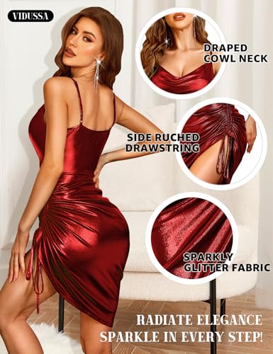 VIDUSSA Women's Sparkly Glitter Dress Cowl Neck Spaghetti Strap Ruched Bodycon Cocktail Party Night Club Midi Dresses