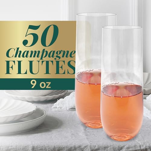 Reli. Champagne Flutes Plastic (50 Pack, 9oz) Clear, Stemless | Disposable Mimosa Glasses for Champagne, Mimosa, Cocktail,...