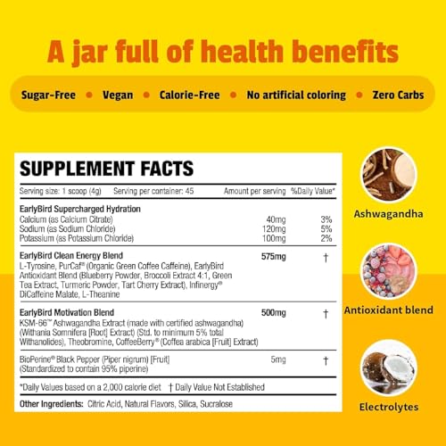 EarlyBird Energy Drink Powder, Morning Cocktail Pineapple Mimosa, Zero Sugar Electrolytes with Amino Acids, Electrolytes P...