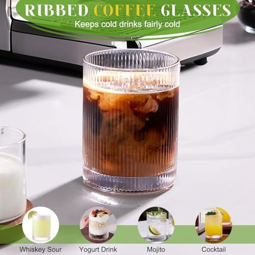 LUNA & MANTHA Ribbed Glasses Drinking Set of 8-17oz Large Capacity Highball Glasses, 12oz Rocks Glass Cups, Vintage Cockta...