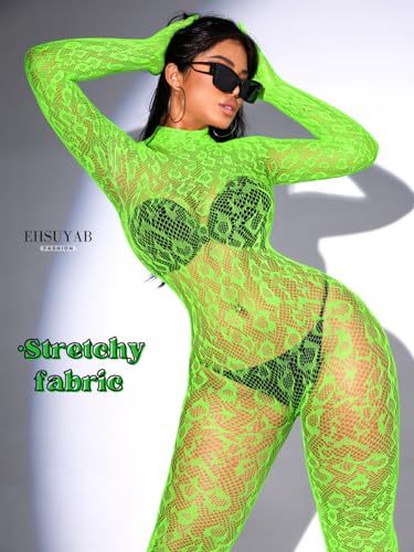 EHSUYAB Sexy Lace Leopard Jumpsuit For Women, Fishnet Bodysuit Glow Party Club, Poster One Piece Mesh Full Body Rave Outfits