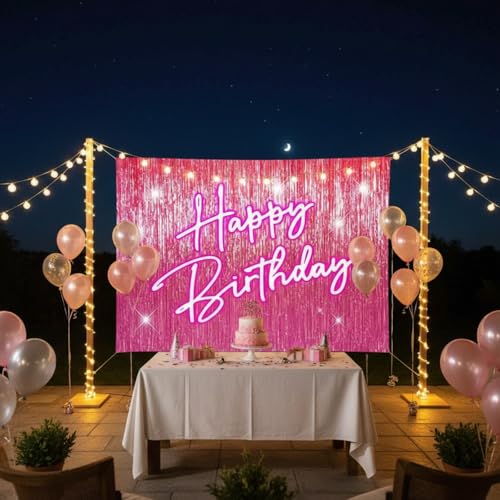 Gilprop 5x3 ft Shine Pink Happy Birthday Backdrop for Lady Girls Women Happy Birthday Banner Princess Theme Party Decorati...