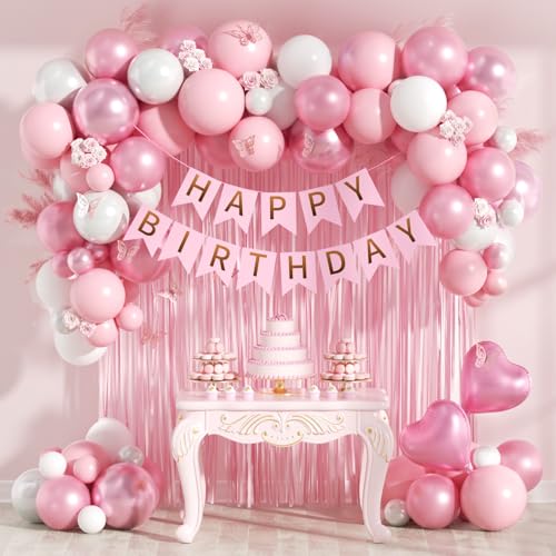 Pink Birthday Decorations with Pearl White Light Pearl Metallic Pink Foil Balloons Fringe Curtain Banner for Happy Birthda...