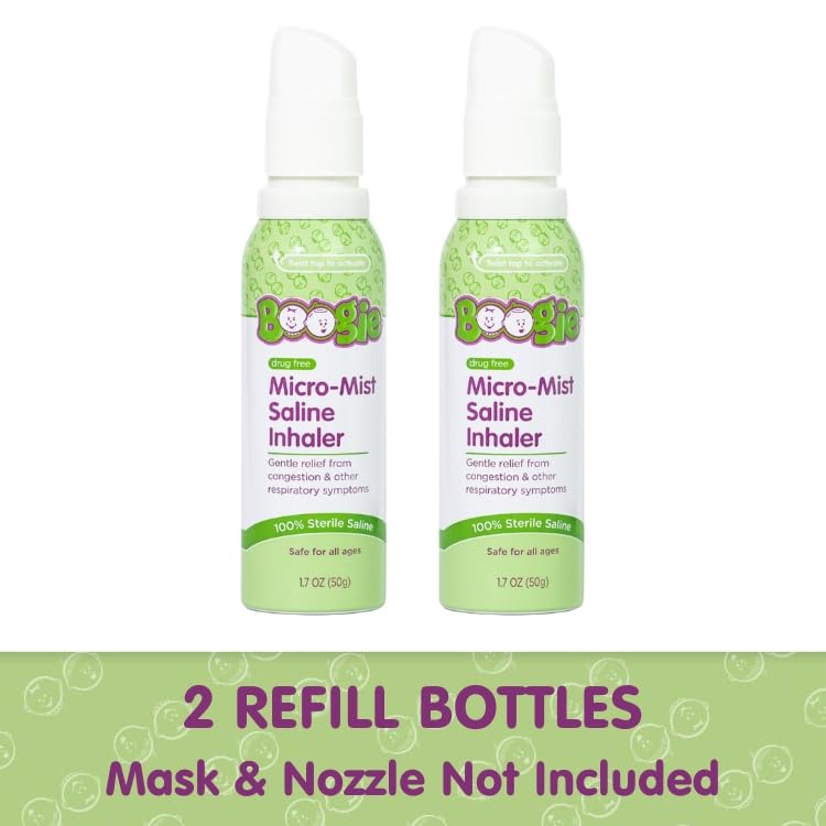 Boogie Micro-Mist Saline Inhaler Refill, Baby Nose Congestion Relief, Nasal Spray for Kids, Pediatrician Recommended, Unscented, 1.7 oz (Pack of 2)