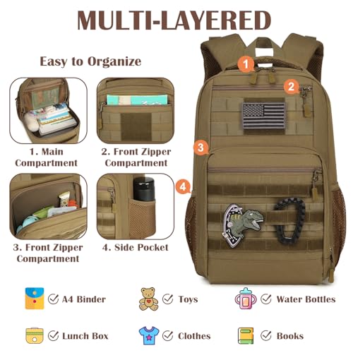 SunForMorning Kids Tactical Backpack Army Molle Bookbag Military Boys Backpack for School, Outdoor, Camping, Brown