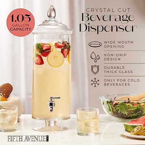 Fifth Avenue Crystal Beverage Dispenser for Countertop - 1 Gallon Large Glass Drink Dispenser w/Spigot & Lid - Party Drink...