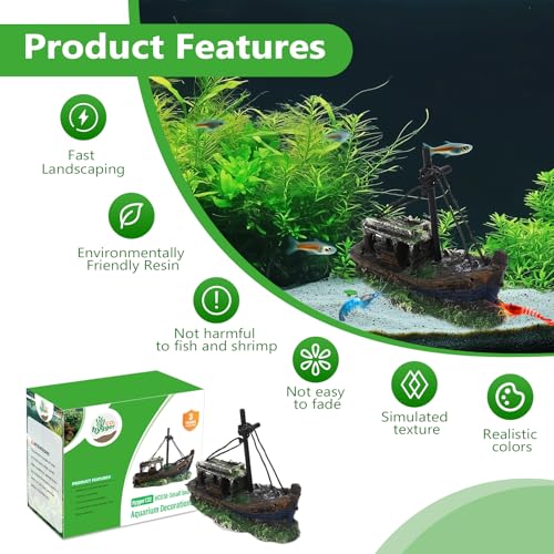 Hygger CO2 Small Boat Aquarium Decorations Resin - Sunken Shipwreck Fish Tank Ornament for Aquatic Adventure Scene-Approx....