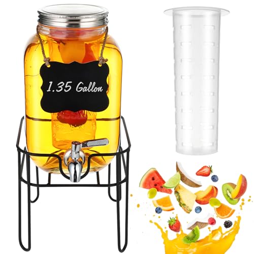 Drink Dispenser 1.35 Gallon Glass Beverage Dispenser with Stand & Stainless Steel Spigot, Drink Dispensers for Parties wit...