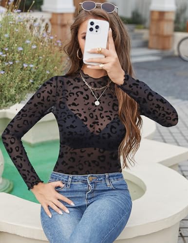 ZEAGOO Womens Mesh Long Sleeve Tops Mock Neck Going Out See Through Shirts Sexy Sheer Blouses Clubwear S-XXL