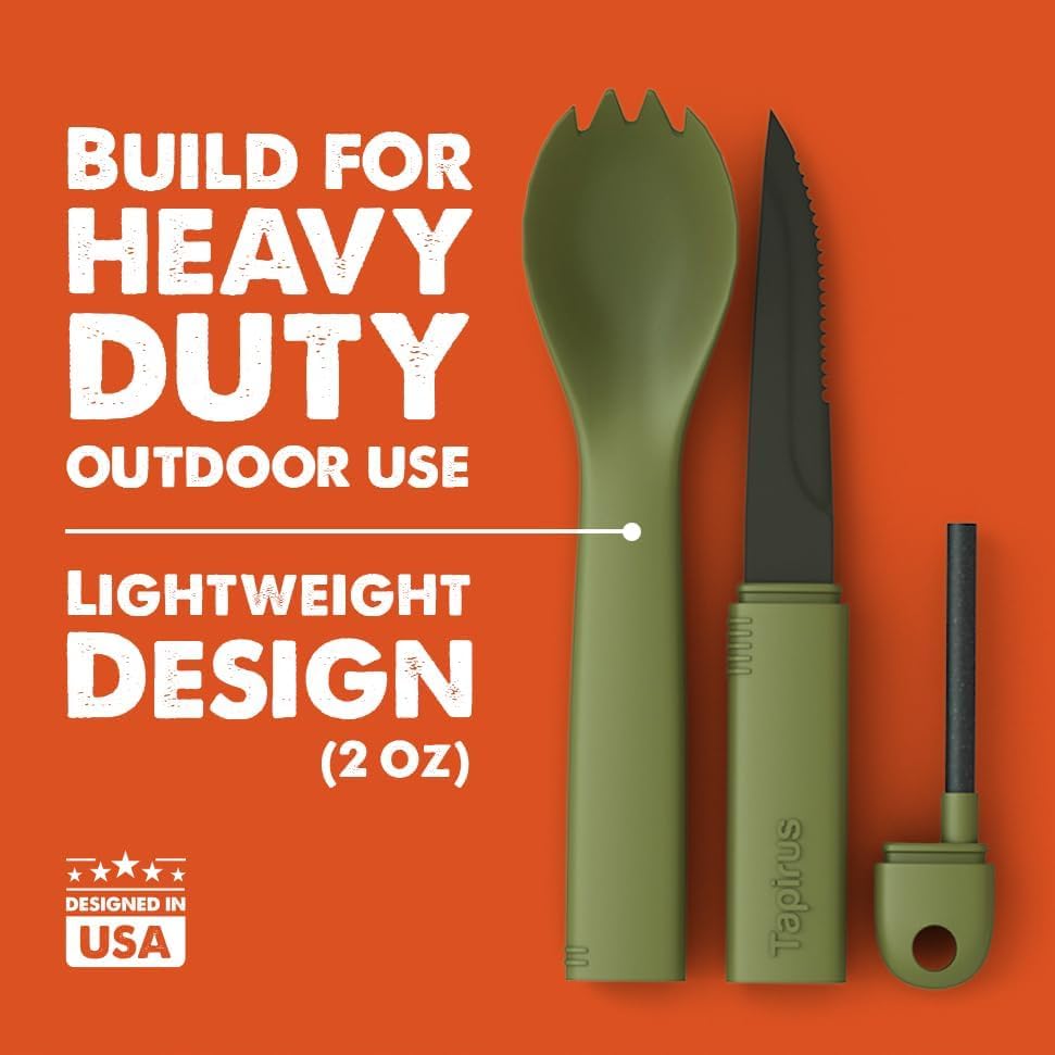 Tapirus Spork Tactical Green | BPA Free Spoon Fork, Stainless Steel Knife and Fire Starter | 3 in 1 multipurpose utensil |...