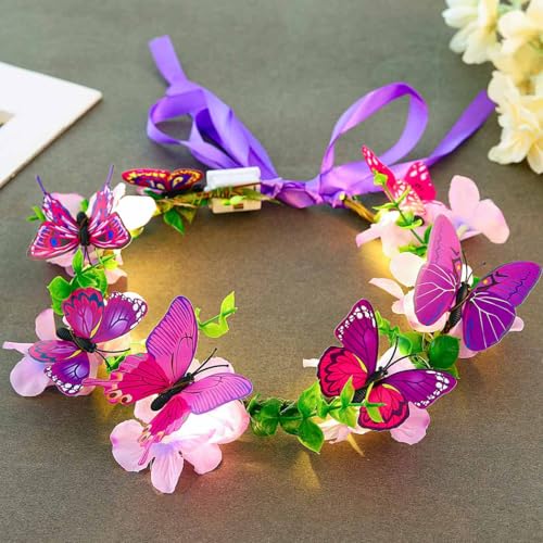 DRESBE Light Up Butterfly Flower Crown LED Floral Headband Glow Fairy Hair Accessories for Women (Purple)