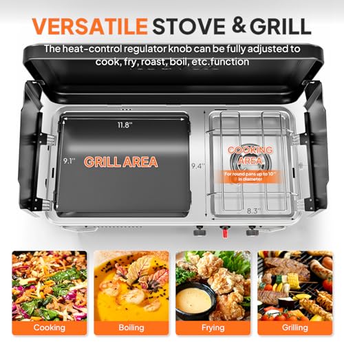 ROVSUN 2-in-1 Portable Camping Stove & Propane Grill with Enamel Griddle & Piezo Igniter, Tabletop Camp Stove with Built-i...