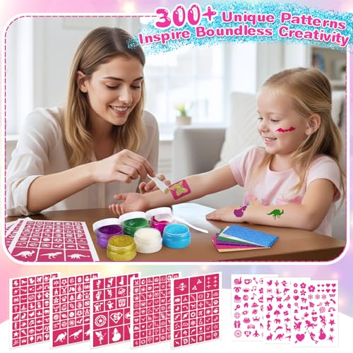Dreamon Temporary Glitter Tattoo Kit for Kids with 6 Colors No-mess Glitter Gel, 325 Unique Stencils - Adult & Kids Body A...