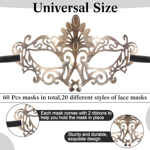 Chivao 60 Pcs Couple Masquerade Mask for Women Men Bulk Unisex Vintage Venetian Mask for Graduation Prom Ball Antique Costume