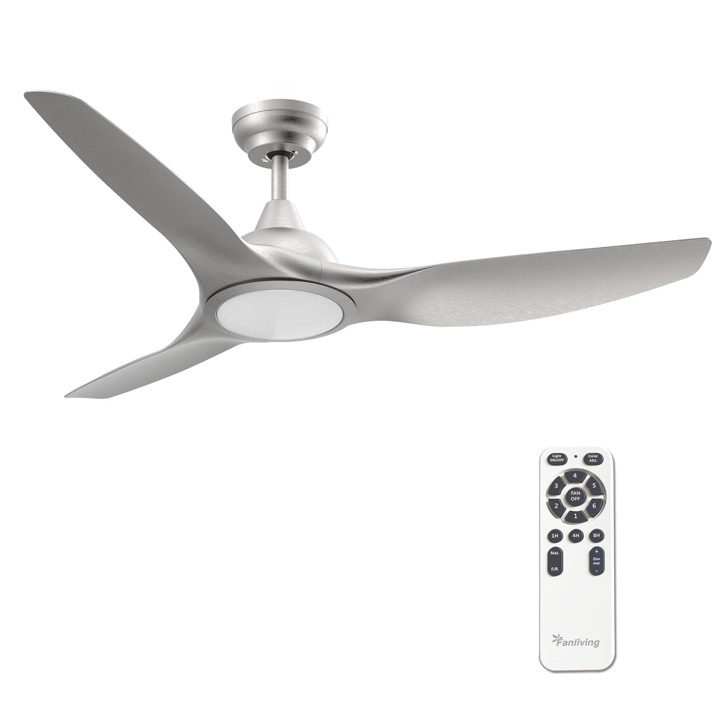 Fanliving 52 Inch Quiet DC Motor Ceiling Fan with Light Remote Control, Indoor 3 Blade Silver Modern Ceiling Fan for Bedroom Living Room Porch