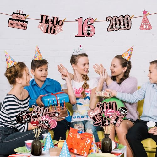 16th Birthday Decorations for Girls, Black Rose Gold Sweet 16 Photo Booth Props Sweet 16 Party Decorations Selfie Props Vi...
