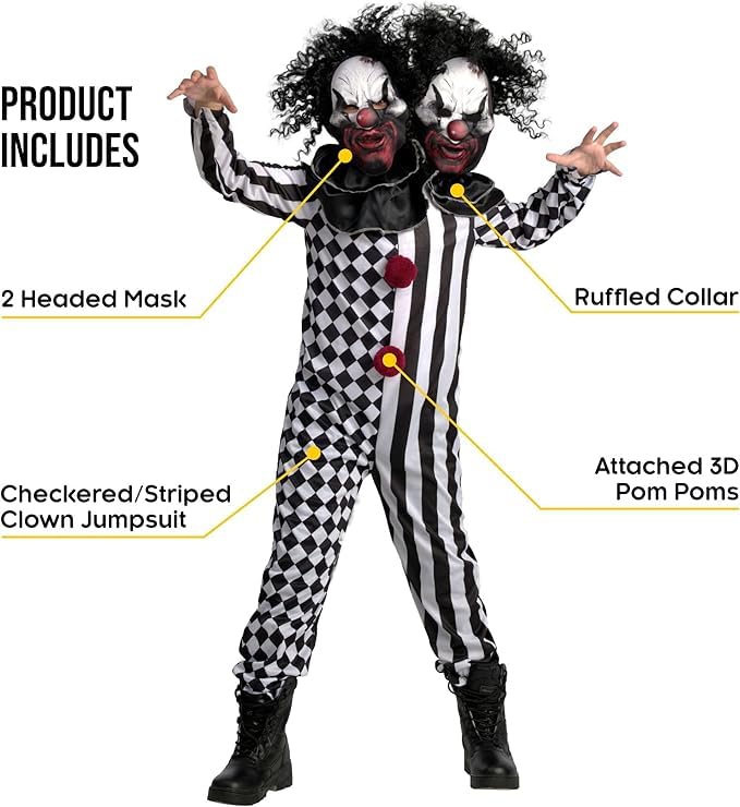 Morph Scary Clown Costume for Adults, Killer Clown Costume Men and Women, Halloween Scary Outfit, Creepy Horror Suit, 2 heads, Large