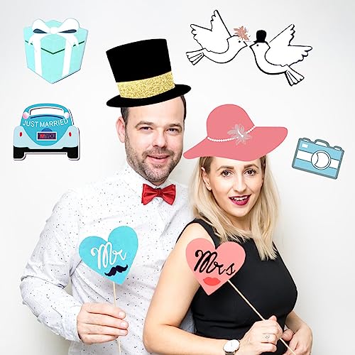 52PCS Wedding Photo Booth Props with Stick Bridal Shower Photo Booth Props Funny Photo Props, Wedding Party Supplies for B...