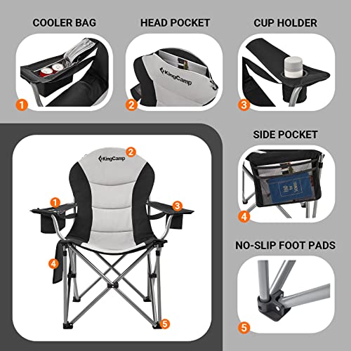 KingCamp Folding Portable Camping Chairs Oversized Padded Quad Arm Chair with Cooler Bag, Cup Holder and Side Pocket, Heav...